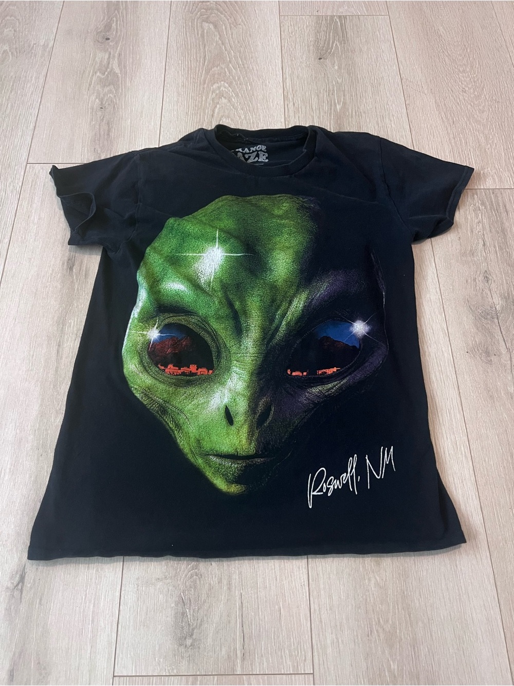Men Black Alien Graphic Tee with Green Print